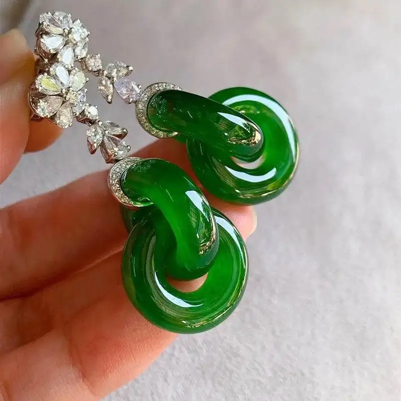 

New high-end noble interlocking with Internet celebrities sweet trend green double ring buckle earrings women's