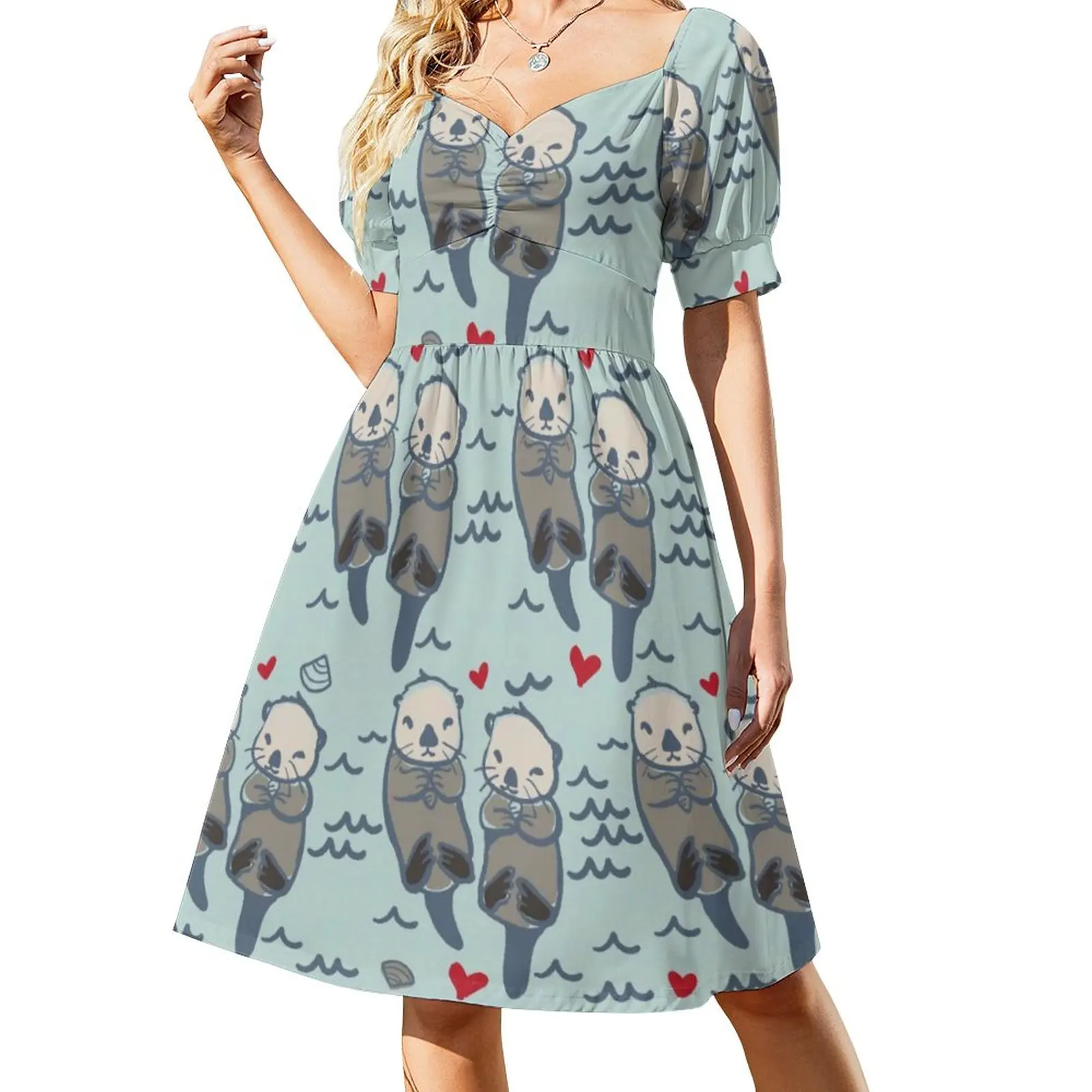 

Cute Lovely Otters in The Sea Casual Dress Stylish Dresses Sexy V Neck Elegant Custom Dress Big Size