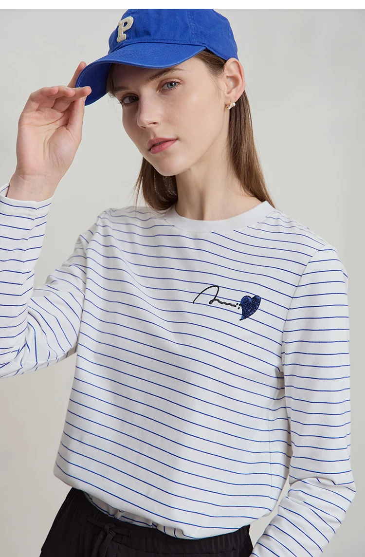 Amii Minimalistische Damenbekleidung Langarm-T-Shirt 2025 Herbst Neu Rundhals Baumwolle Gestreiftes Besticktes Oberteil für Damen 12511094 – Detail 6