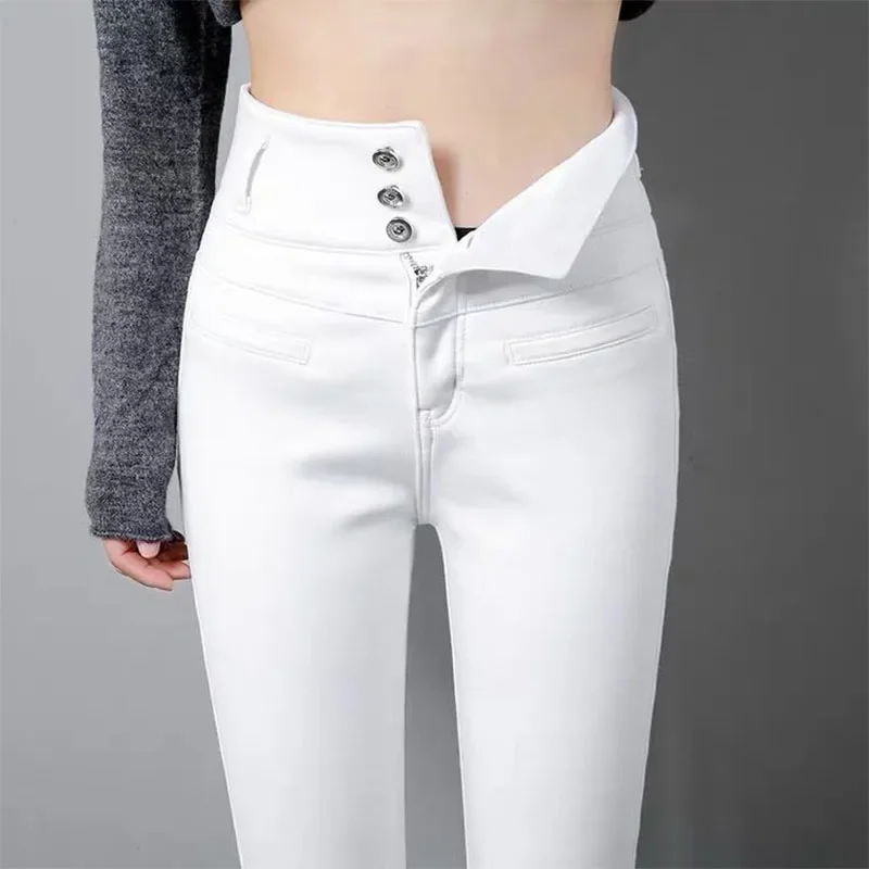 

Spring Autumn Fashion Jeans High Waist Pocket Slim Big Size Pencil Pants Casual Women Button Zipper Solid Straight Trousers