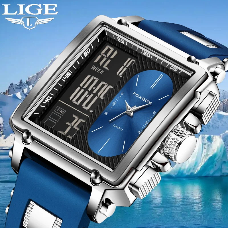 

Foxbox мужские квадратные кварцевые часы повседневные спортивные цифровые часы с двойным дисплеем водостойкие светящиеся хронограф часы для мужчин Montre Homme