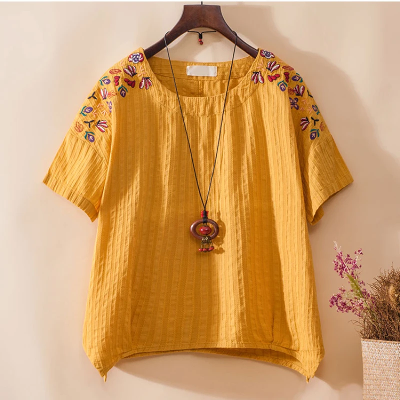 

Shirt Women's Ethnic Style Cotton Embroidery Short Sleeve T-shirt Retro Loose Embroidery Casual Dress Shirt Women's 2023