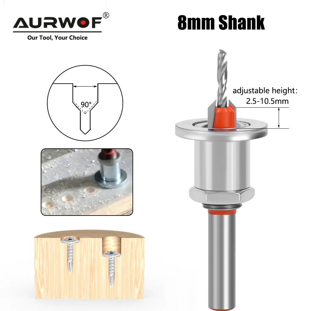 AURWOF 8mm Shank 5pcs HSS Countersink Woodworking Router Bit Set Milling Cutter Screw Extractor Remon Demolition
