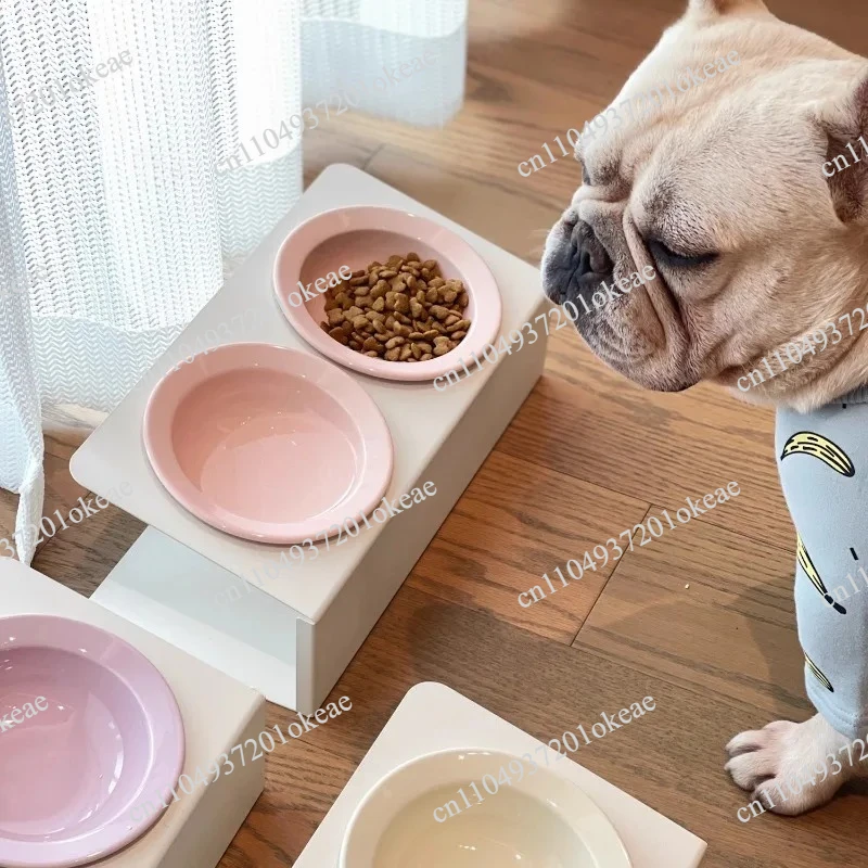 Ceramic pet tall bowl, double beveled plate, cat and dog bowl, food basin, non-slip cat water bowl
