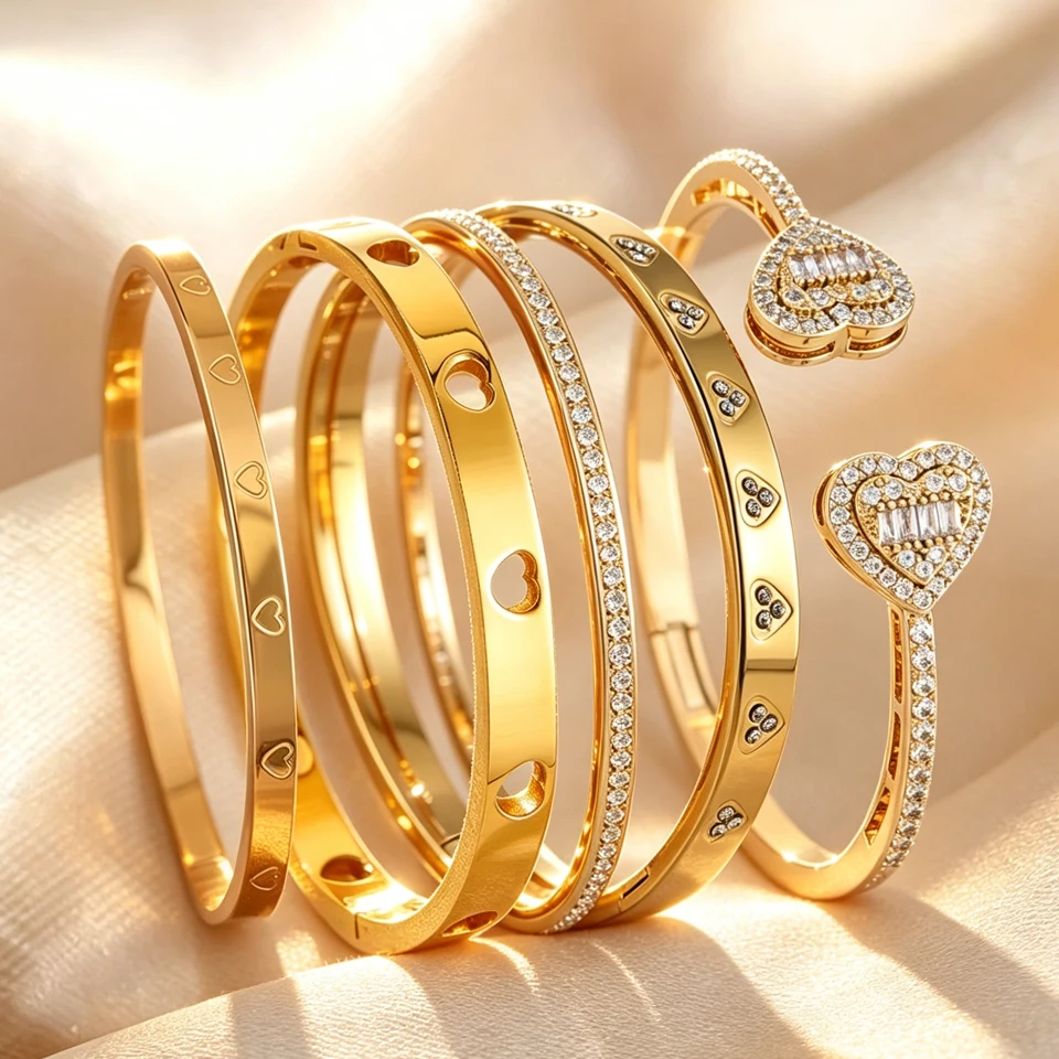 Yupsk 5/1pcs Hip Hop Rock Fashion Zirconia Copper Stainless Steel Bracelets Mixed Match Heart Stacking Bracelet Jewelry Gift