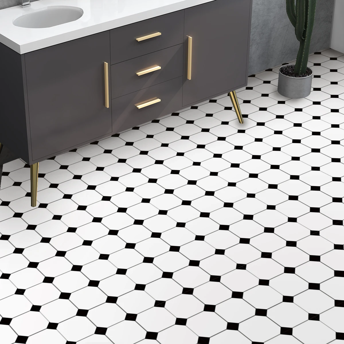 9PCS Scandinavian Style Self-adhesive Waterproof Floor Stickers Home Decoration Black & White Printed Patterns Non-slip Floor Ti