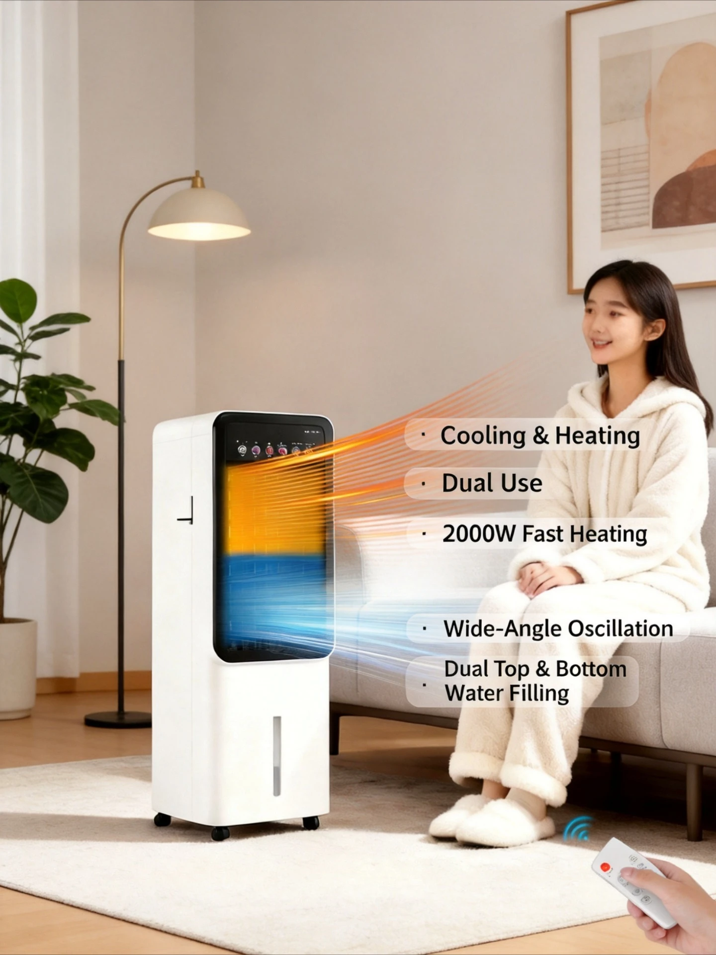 2 In 1 Cooling Heating Air Fan Portable Evaporative Cooler PTC Fast Heater Low Noise Swing Wind Humidifier For Indoor Small Room