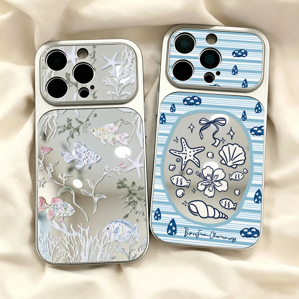 Ocean Life Theme Mirror Phone Case For iPhone 15 16 17 13 14 11 12 18 Pro Max Large Window Shockproof Soft Protective Back Cover