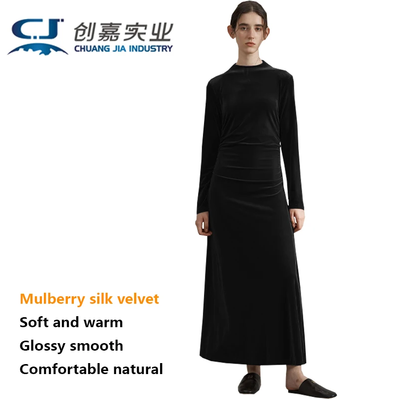 

Шелковое бархатное женское платье с длинным рукавом и круглым вырезом, коричневое, простое, длинное, элегантное, комфортное, дышащее, легкое, мягкое