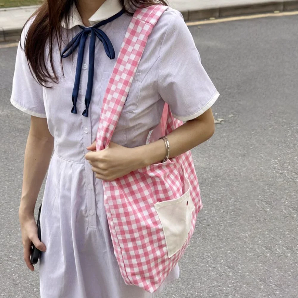 

Portable Sweet Double Sided Plaid Vest Bag Cloth Leisure Lattice Shoulder Bag Japanese Style Commuting Canvas Tote Bag Student