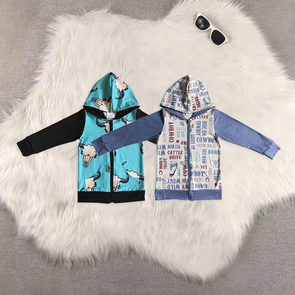 

BT0083 Wholesale baby boy clothes blue bull head hooded zip-up long-sleeved top Summer Boutique kids clothes boys