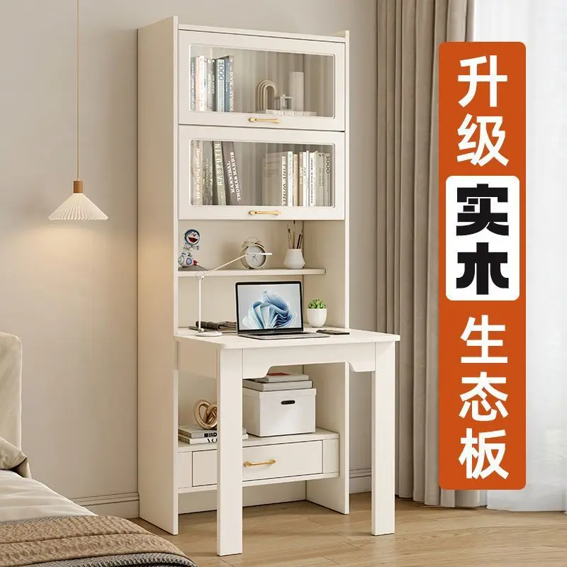 Folding desk bookshelf integrated bedroom one-piece desk cabinet household study table cream wind solid wood