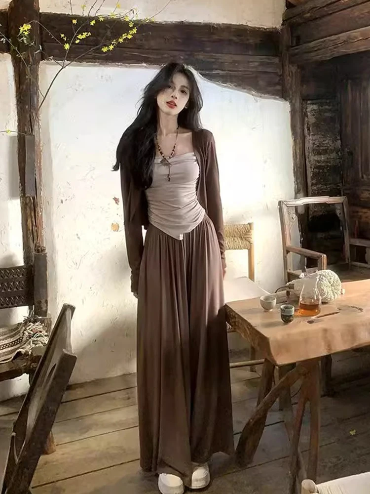 Coreano Sle Lazy Tee-Piece Set da donna Primavera 2025 ort Cardigan aperto Gilet asimmetrico Pantaloni a gamba larga Faion Set