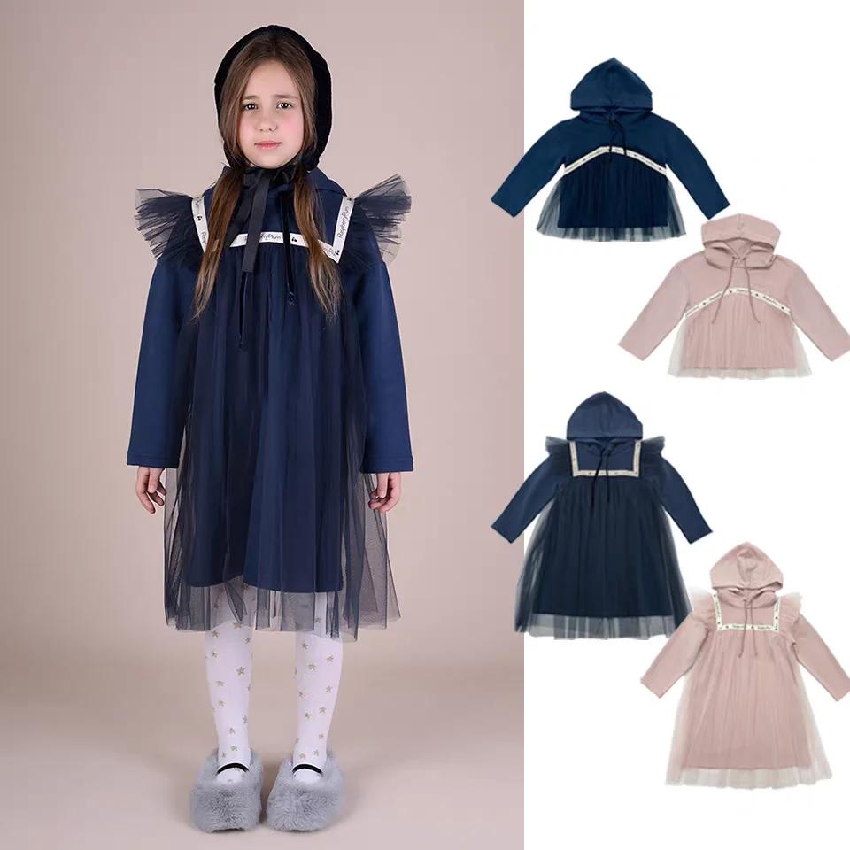 Girls Dress Fall Winter 2026 New Pink Fashion Birthday Party Mesh Dress Cotton Thickened Warm Girls Hooded Sweatshirt Sweatpants