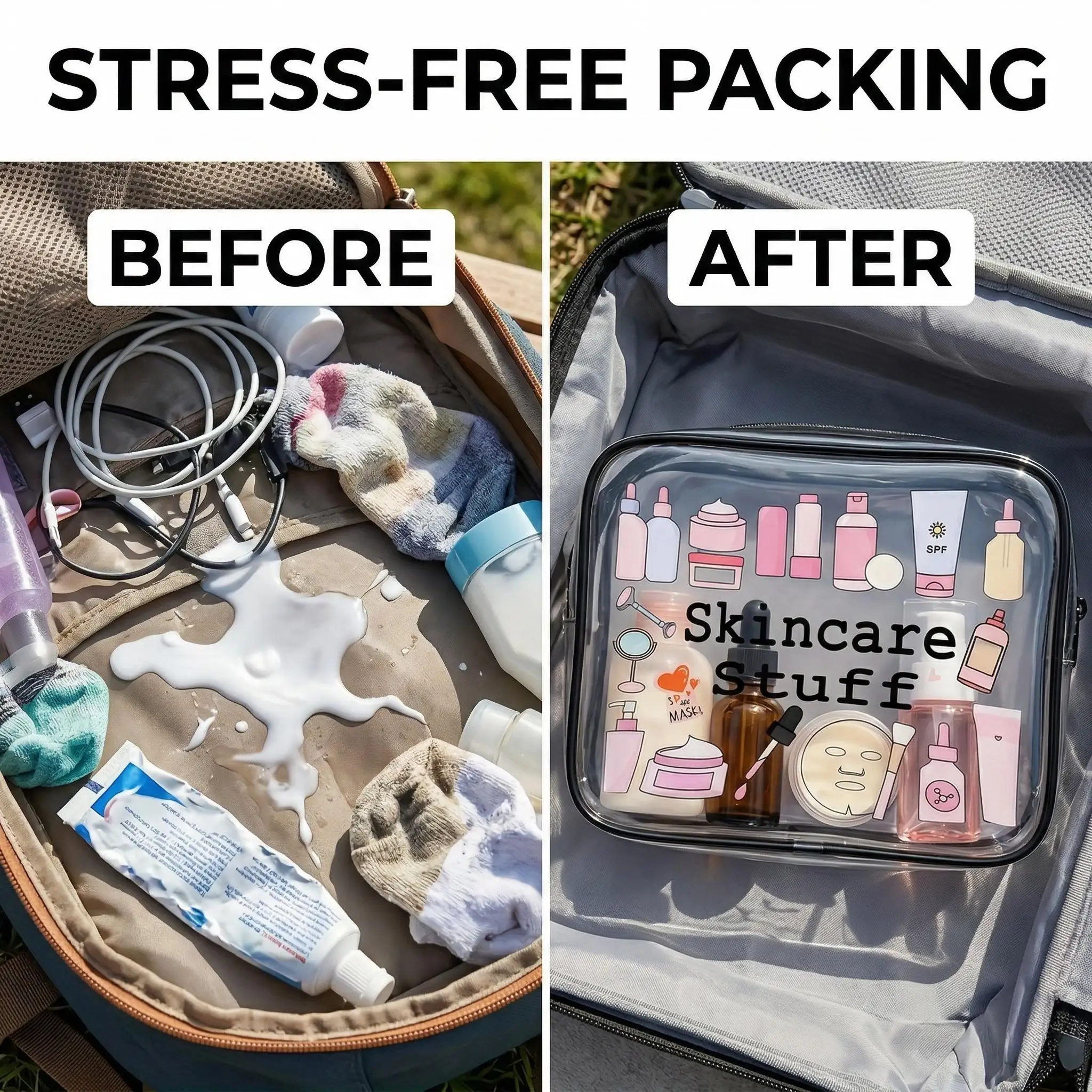 1pc Clear Makeup Bag Skincare Stuff Travel Toiletry Organizer TSA Approved Transparent Cosmetic Pouch Waterproof Wash Bag Women