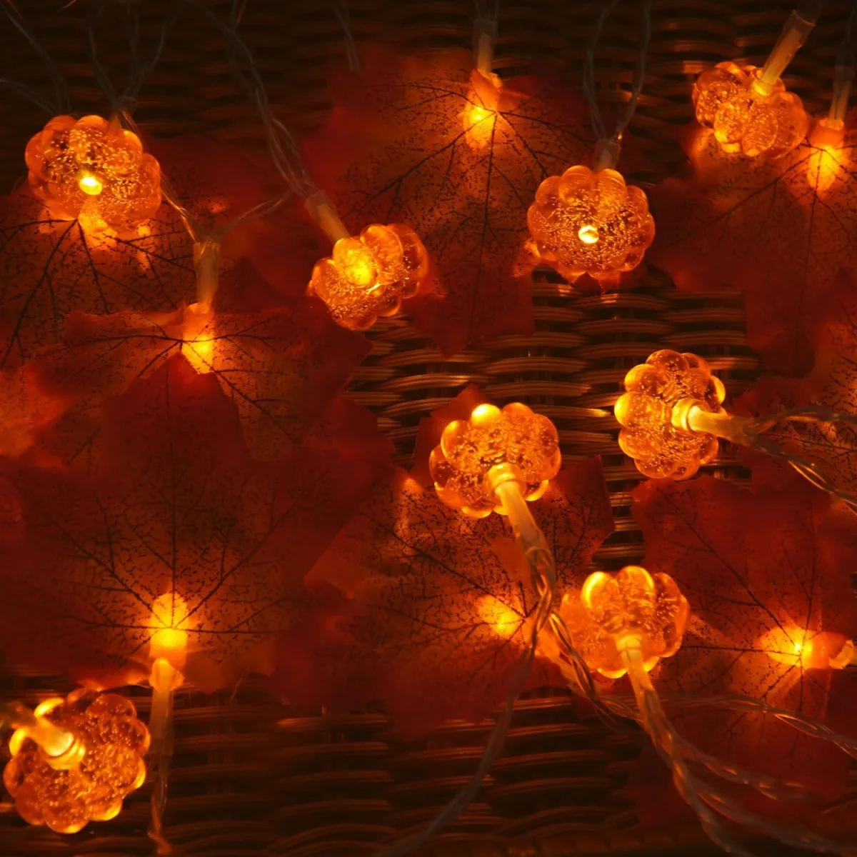 1pc 10/20 LED Maple Leaf And 3D Pumpkin Lights Fall Garland Halloween Lamp Battery Powered For Home Halloween Party Decoration