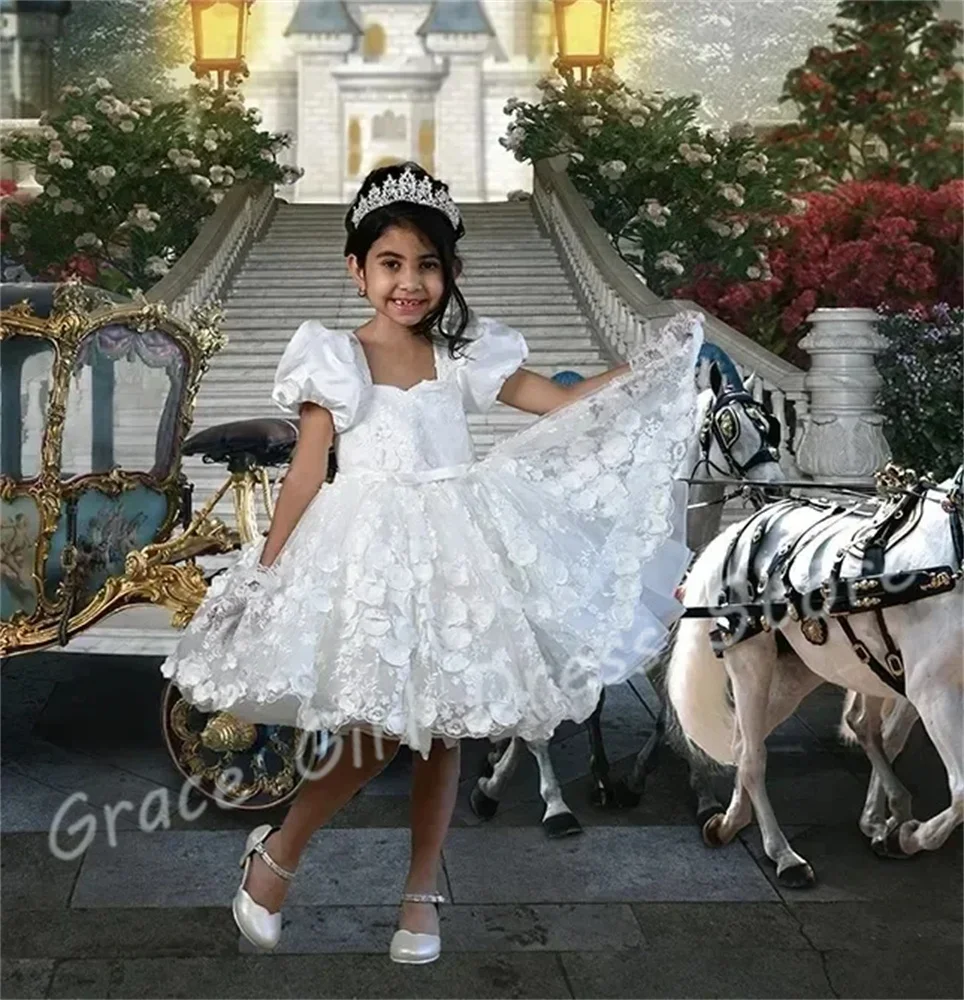

Customized White Flower Girl Dress For Wedding Floral Appliques With Bow Gorgeous Kids Birthday Party First Communion Prom Gown