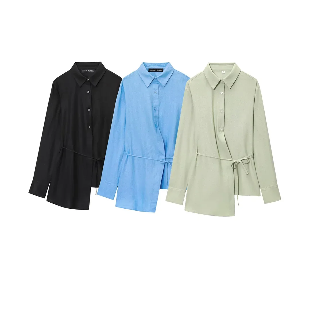 

Autumn Women Oversize asymmetric Shirt With Belt Casual Linen Blend Long Sleeve Simple Female Shirts Women's Button Top& Blouse