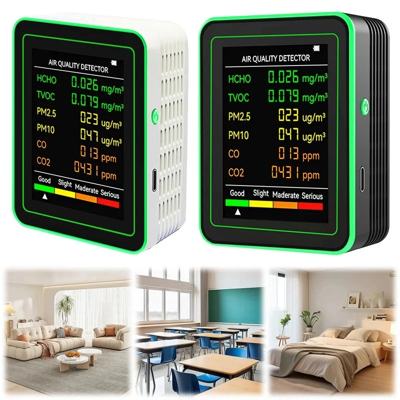 6 in 1 Air Quality Monitor PM2.5, CO2, TVOC Monitor, Air Quality Detector, Formaldehyde Detector