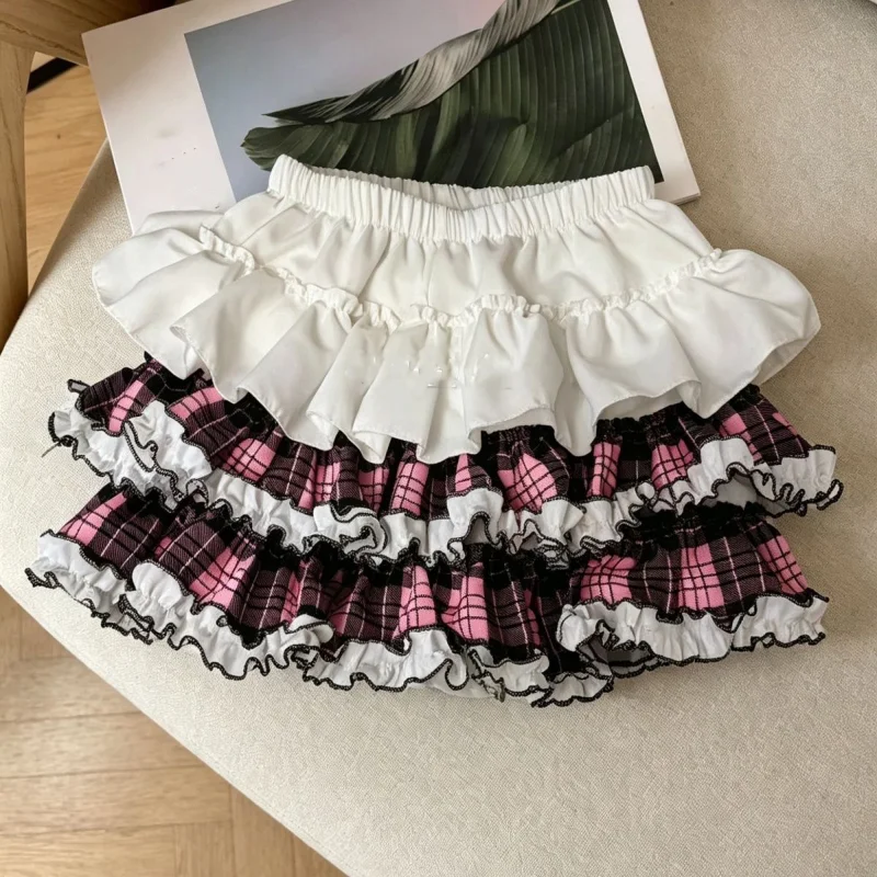 Japanese Sweet Lolita Style Cake Skirt Women Kawaii Cute Plaid Ruffles Fluffy Y2k Mini Skirts Girls Casual A-line Short Skirts