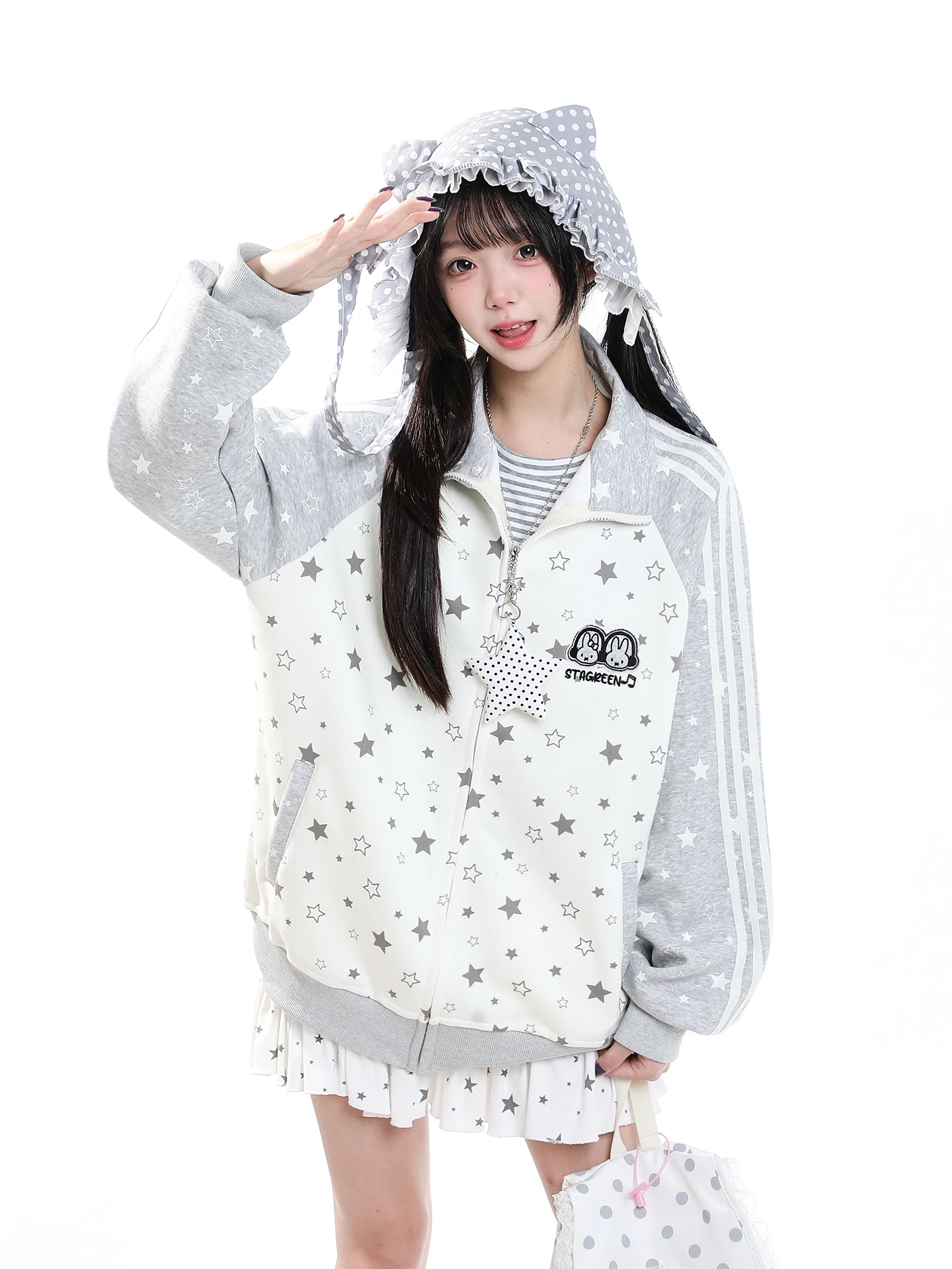 Sweet Star Print Zipper Long Sleeve Hoodie Women's Loose Casual Anti-Aging Color Block Design Stand Collar Jacket