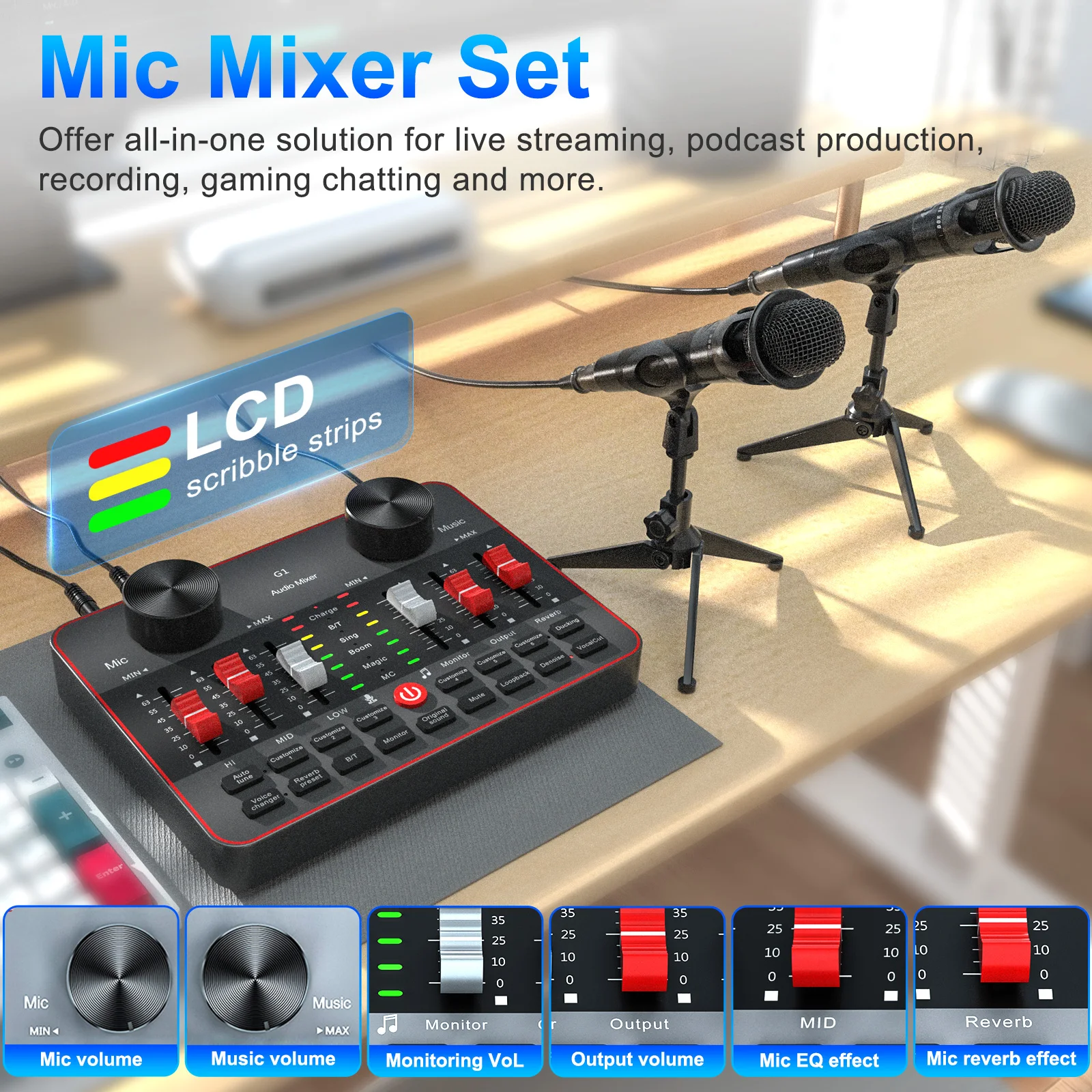 Podcast Equipment Bundle, All-in-One Audio Interface DJ Mixer with 2 Condenser Microphones, Recording Studio Kit Live Sound Card for Singing Broadcast, Live Streaming, Gaming