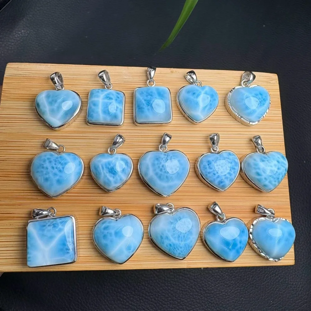 1PCS Natural Larimar Heart S925 Crystal Quartz Pendant Polished Crystal Reiki Healing Jewelry Gift Rock Decoration