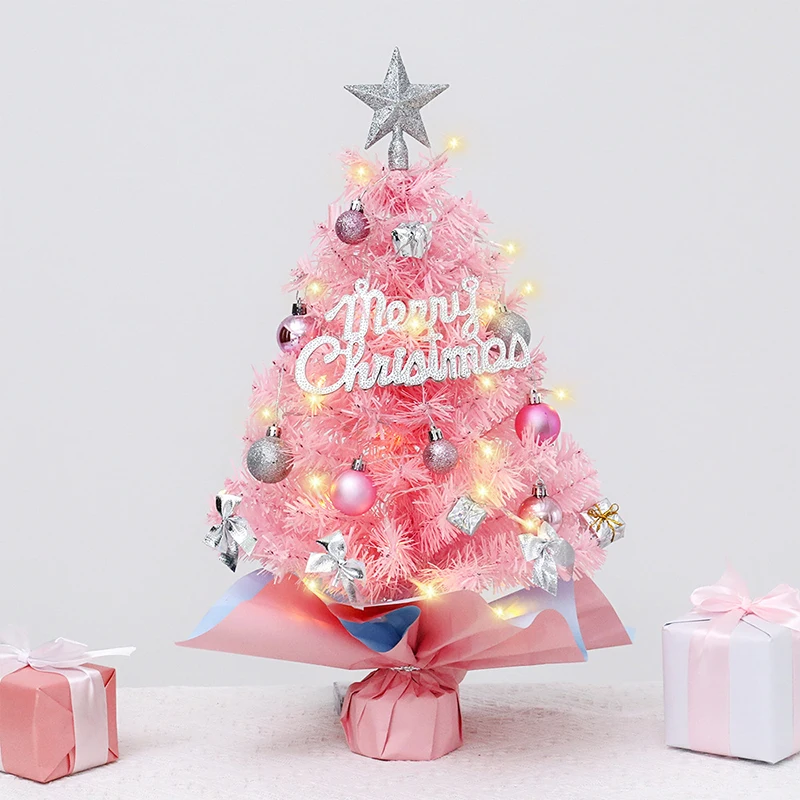 Mini Árvore de Natal Rosa com enfeites e enfeites, decoração de mesa, decoração festiva elegante para pequenos espaços, feriado, 45cm, 60cm