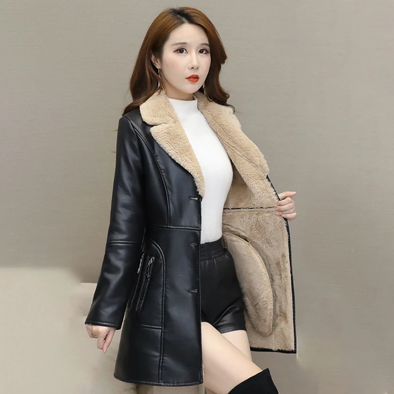 Women\'s Winter PU Leather Jacket Stay Warm Thickened Long Coat with Faux Fur Lining Slim Fit Outwear