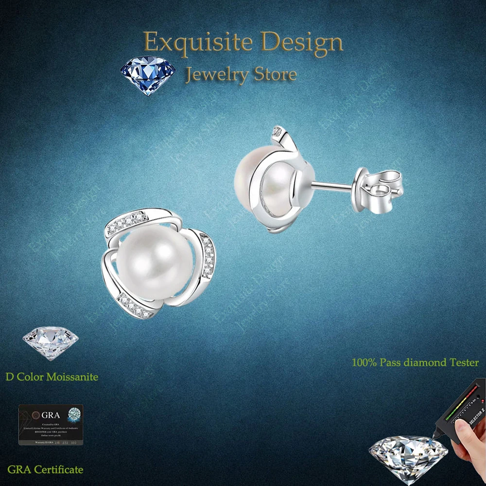 

Exquisite Design Inlaid 8mm Freshwater Pearl Platinum Earrings, Simple Elegant 0.12 Carat Moissanite Ear studs Pt950 Fine Gifts