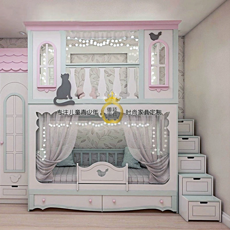 girl's up and down bed, two layers of solid wood bed, double layers of high and low fantasy pink mother and child bed