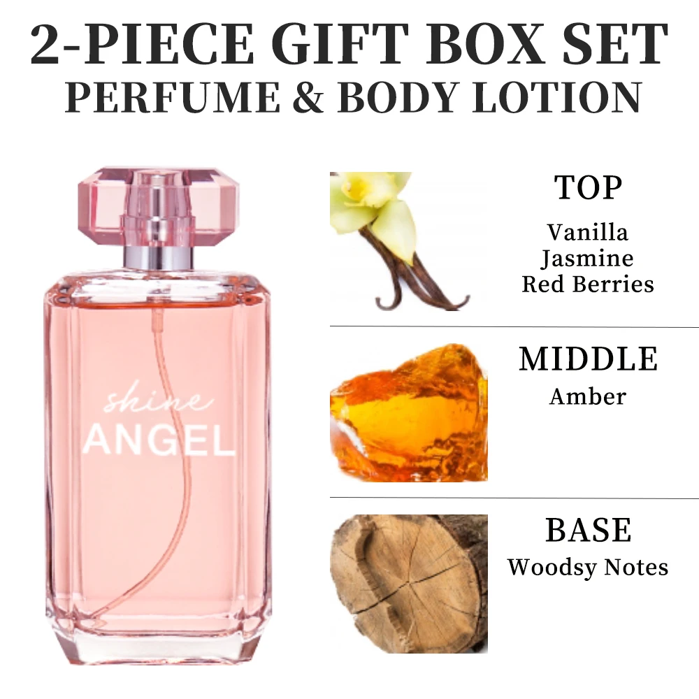 Eau de Parfum-Juego de espray y loción corporal para mujer, Set de regalo con fragancia de 3,4 Oz EDP Spray 2,8 Oz, Crema Corporal Shine Angel 2 piezas, regalos