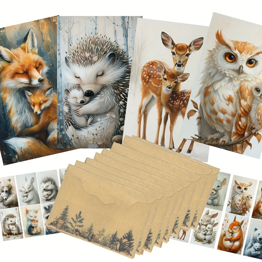 52pcs Card Sticker and Envelope Set, Woodland Animal with Deer, Owl Patterns, for Holiday Flag DIY, Album Decor,Greeting Card