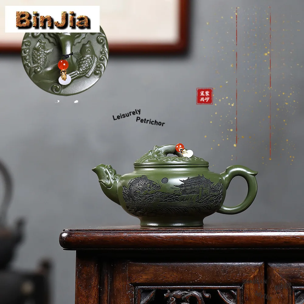 

300ml Luxury Yixing Purple Clay Teapots Handmade Relief Fish Dragon Gate Pot Raw Ore Green Mud Tea Maker Kettle Zisha Tea Set