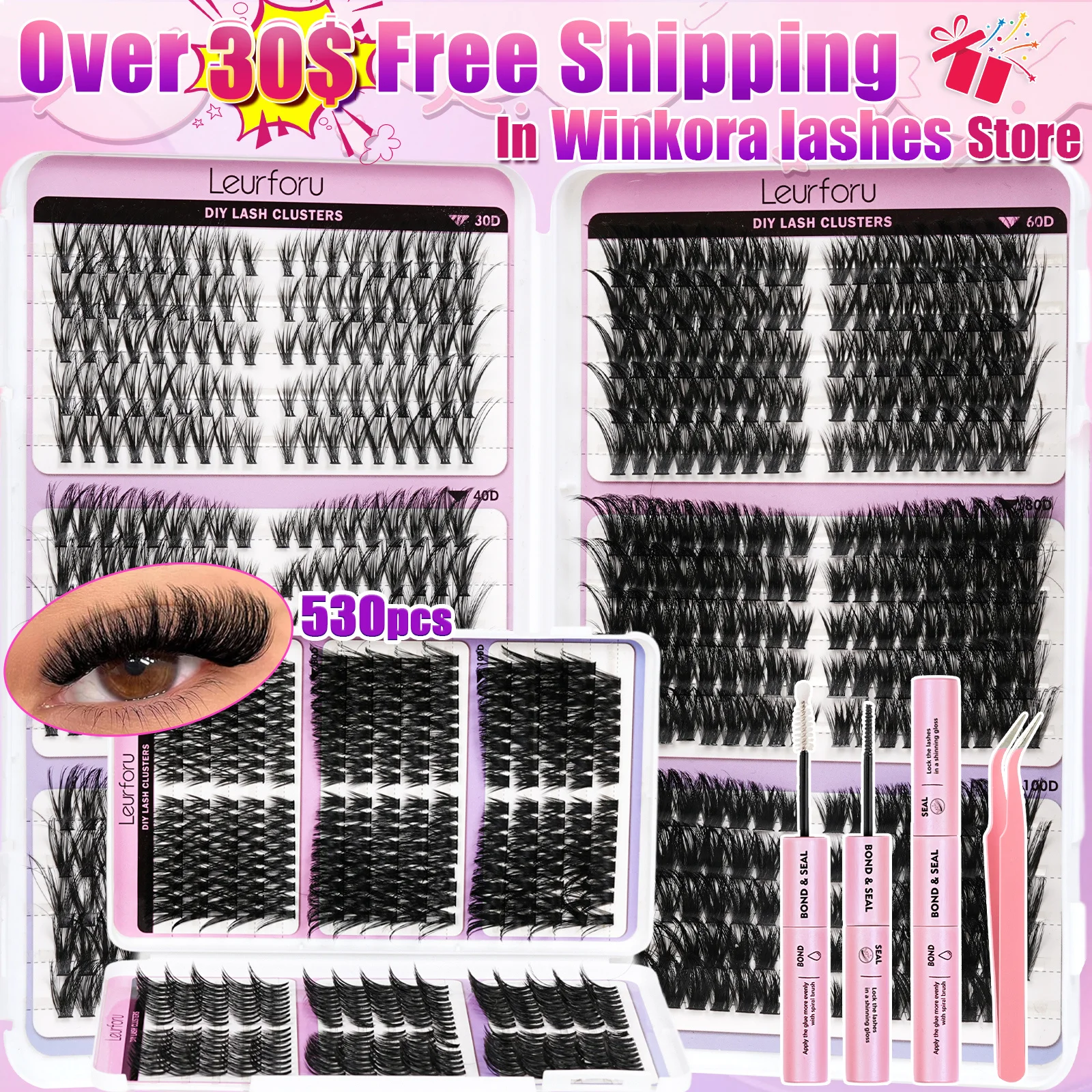 30-100D Lash Cluster Kit with Glue & Tweezers, 8-16mm Curly False Eyelashes, Fluffy Volume Lashes, Soft & Skin-Friendly, Lightweight & Comfortable, Customizable Lash Styles, Easy to Apply, Perfect for Daily Makeup, Halloween Parties & Glam Looks