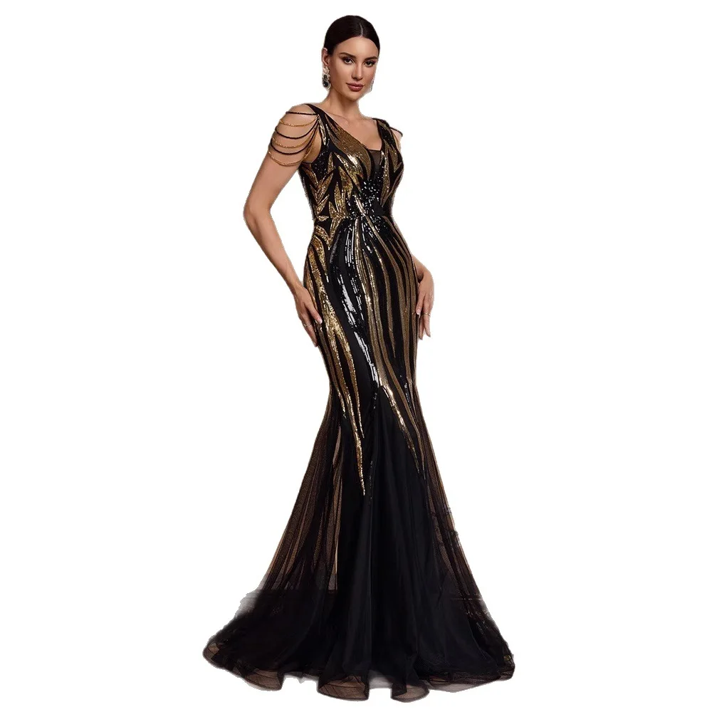 Black Gold Linear Sequin Mermaid Maxi Dress Deep V Chain Tassel Strap Sheer Tulle Train Red Carpet Evening Gown - view 5