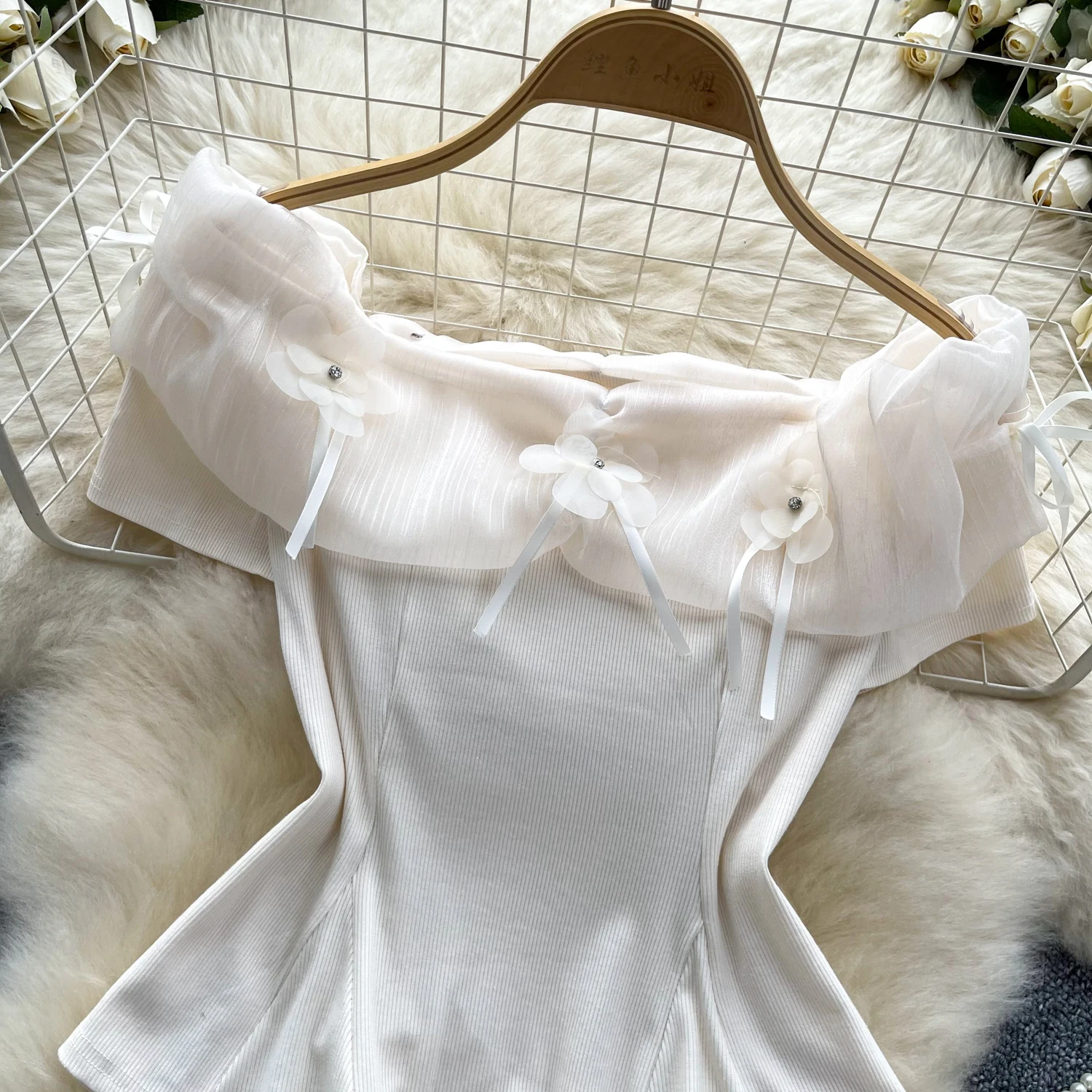 Chic Elegant sexy off shoulder mesh PATCHWORK short sleeve t shirt Top Korean Fairy Crop Top basics summer Wome