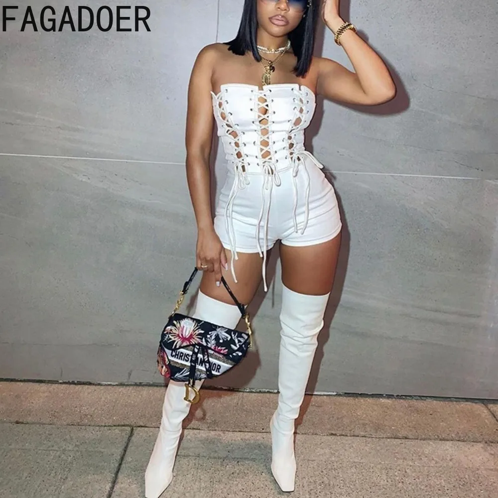 FAGADOER Fashion Hollow Out Lace Up Bodycon Rompers Women Off Shoulder Sleeveless Backless Slim Jumpsuits Sexy Female Streetwear