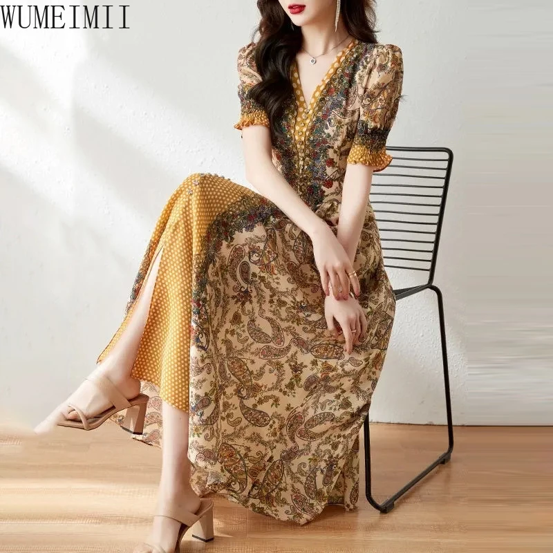 

2025 summer new foreign style high-end yellow beautiful skirt printing simulation silk dress
