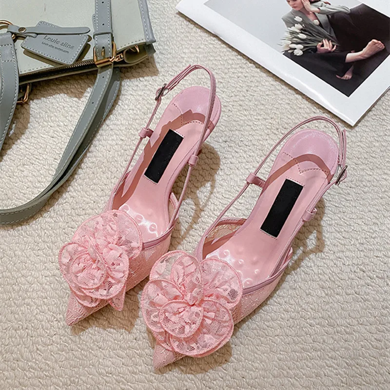 Fashion Lace Flowers Air Mesh Women Pumps Sandals Spring Summer Elegant Pointed toe Slingbacks Thin High Heels Party Dress Shoes