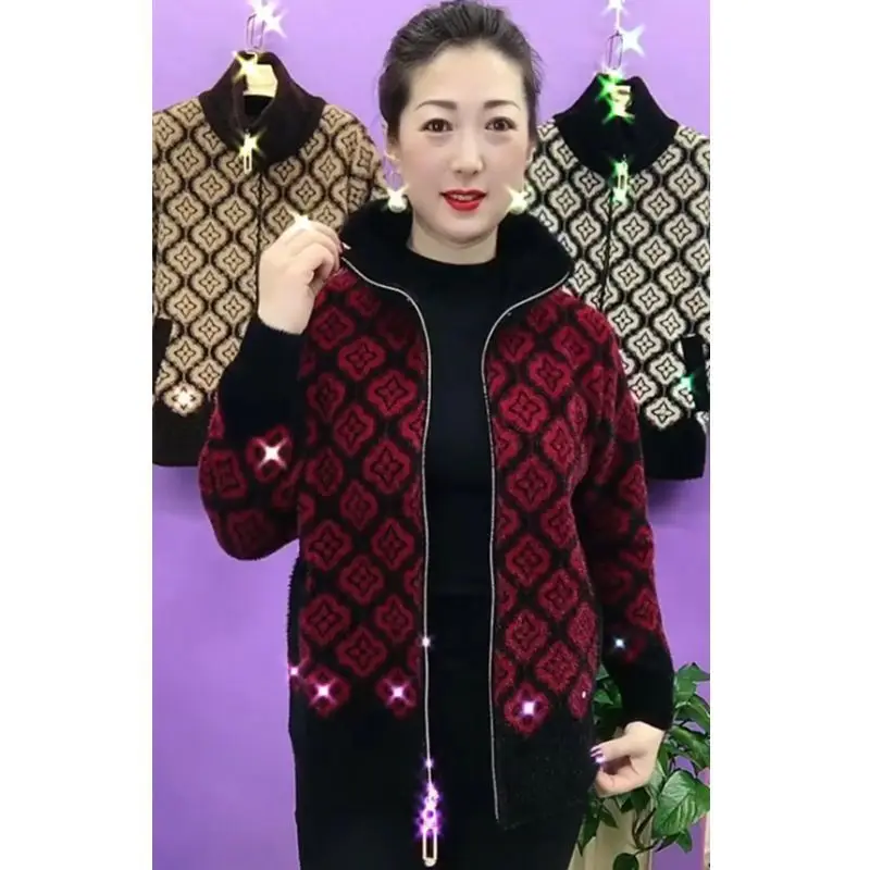 Manteau court en fourrure de vison pour femme, Cardigan tricoté, tendance, décontracté, fermeture éclair, veste épaisse, imprimé de haute qualité, haut à manches longues, automne et hiver