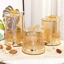 European Style Gold Butterfly Jewelry Box Glass Candy Jar with Lid Room Fruit Dessert Tea Cup Glass Box Metal Openwork Ornament