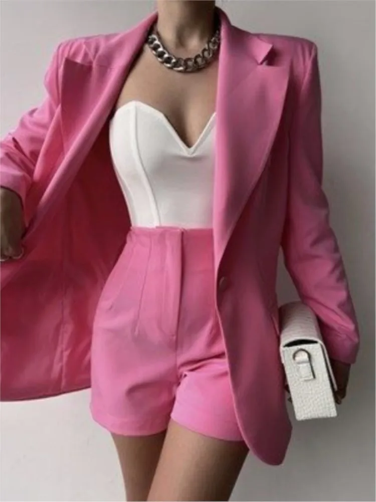 Blazer solido primavera estate Abito slim a due pezzi Donna Elegante colletto dentellato Blazer a maniche lunghe Top e pantaloncini con cerniera Abiti da festa