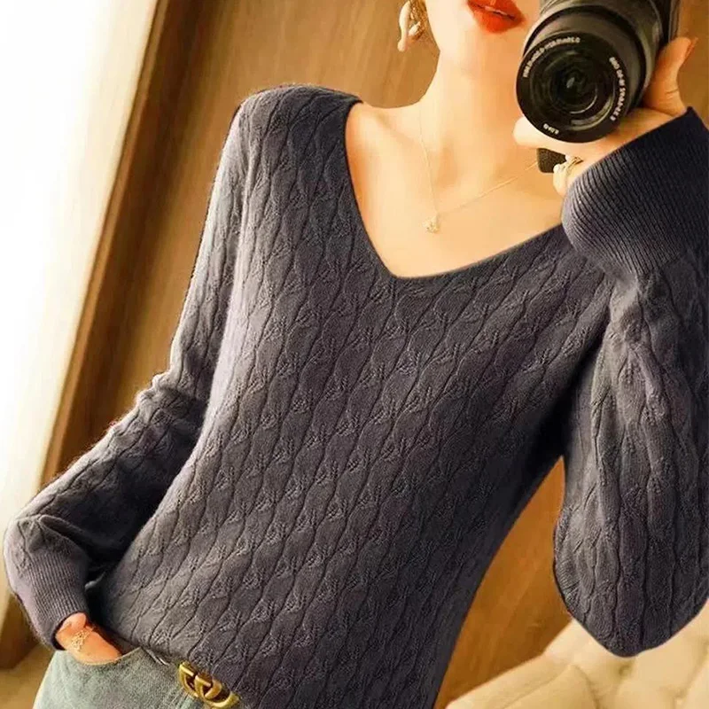 Women Clothes Refreshing Hollow Out Solid Color Knitting V-neck Long Sleeve Pullovers Winter Office Lady Sweater Female Top Tee