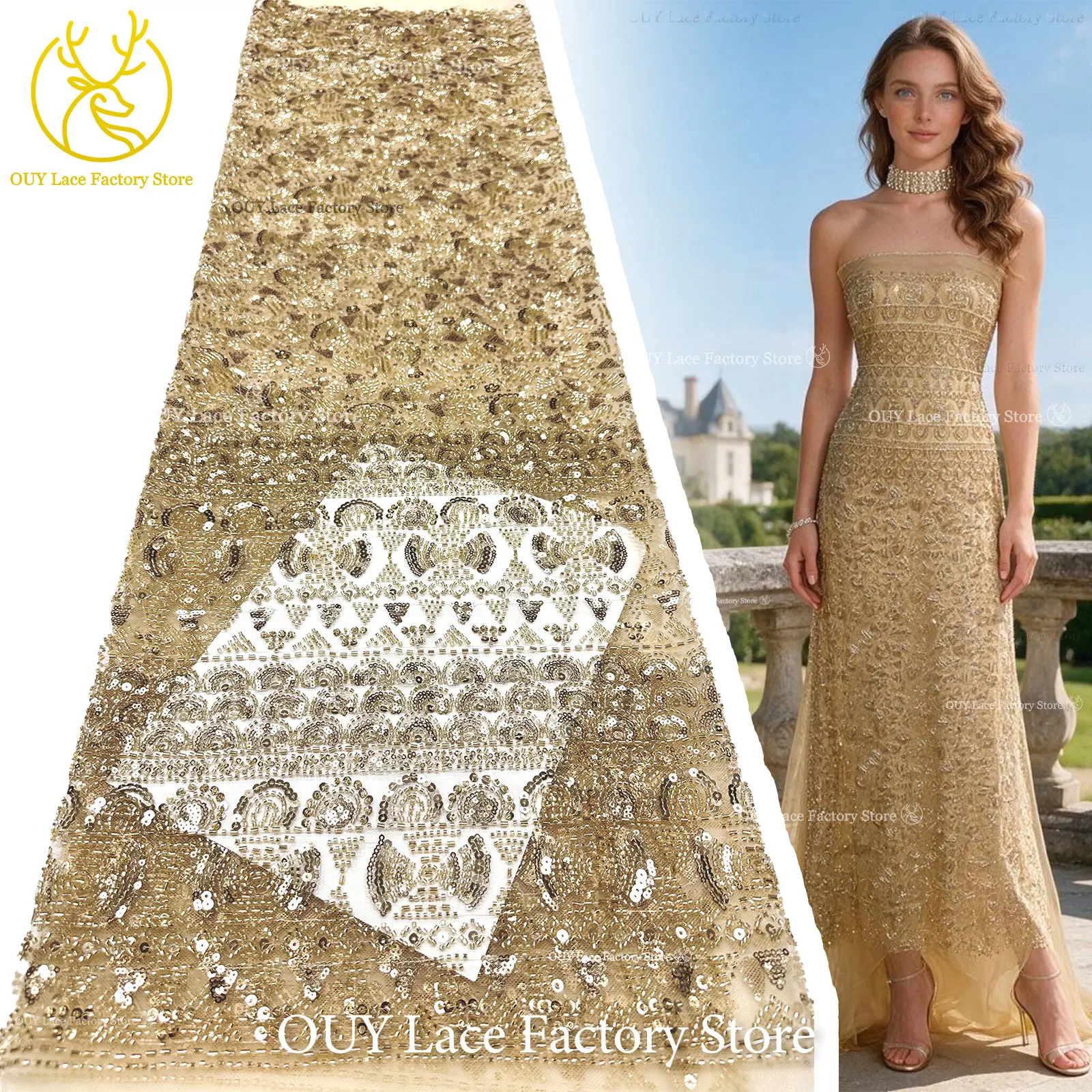 Golden Luxury Beaded Tulle Lace Fabric, High Grade Shiny Sequin Mesh Lace for Nigerian Women Party Dress Embroidery Sewing