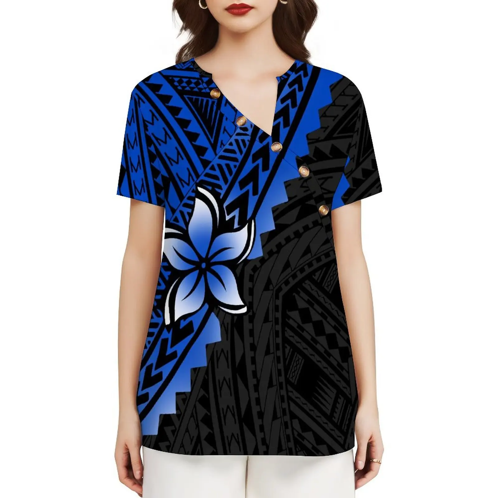 

Pacific Island Women'S Clothing Custom Summer Diagonal Collar Top New Chinese Button Design Polynesian Fashion Women'S Wear