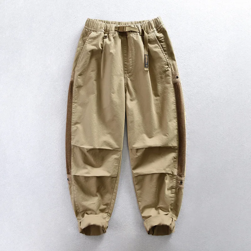 

Z637 Men's Cargo Casual Pants Autumn Solid Color Elastic Waist Drawstring Lace-up Loose Simple All-match Pockets Male Trousers