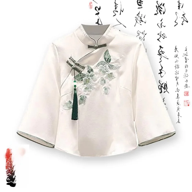 Elegant New Chinese Style Shirt Women's Summer  Design Slimming  Tailed Skirt Polyester Fiber 100% Spring 2025