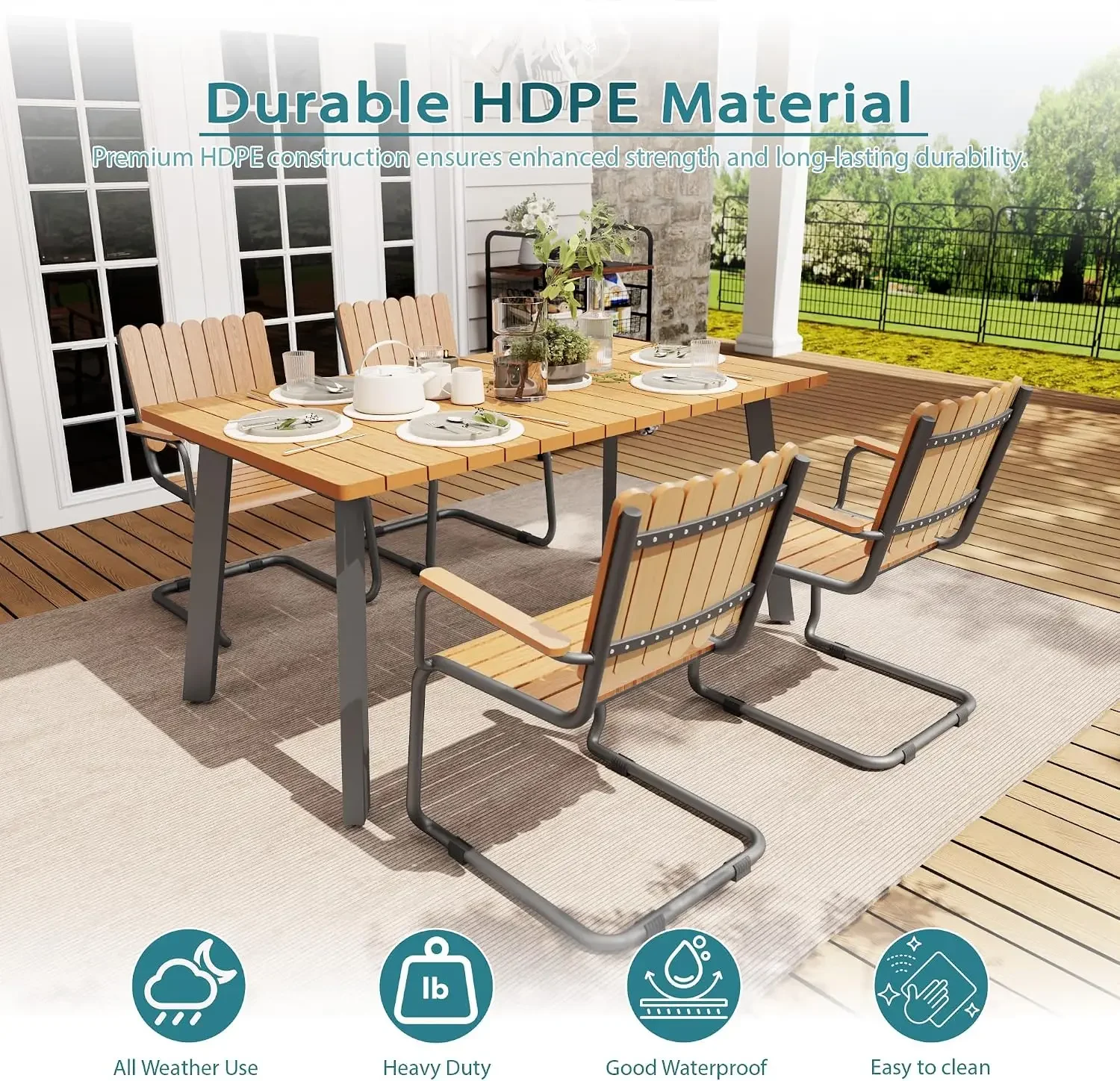 Gray Teak HDPE Outdoor Seating Set Table Chairs 4 Piece Patio Lounge Furniture Umbrella Hole