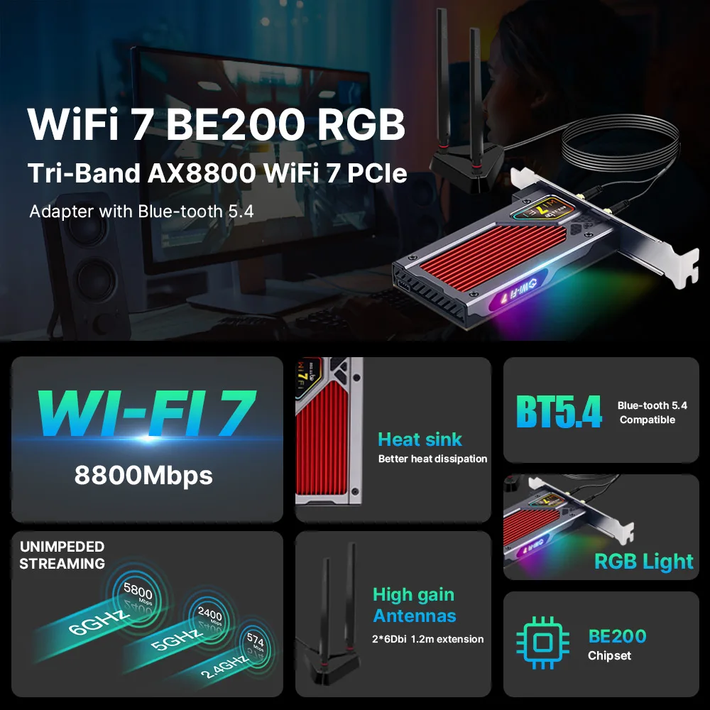 Fenvi Wifi 7 Draadloze Pcie Adapter Bluetooth 5.4 802.11be Rgb Licht Be200 Netwerkkaart Tri Band 6G/5G/2.4G Win 10/11 Voor Pc